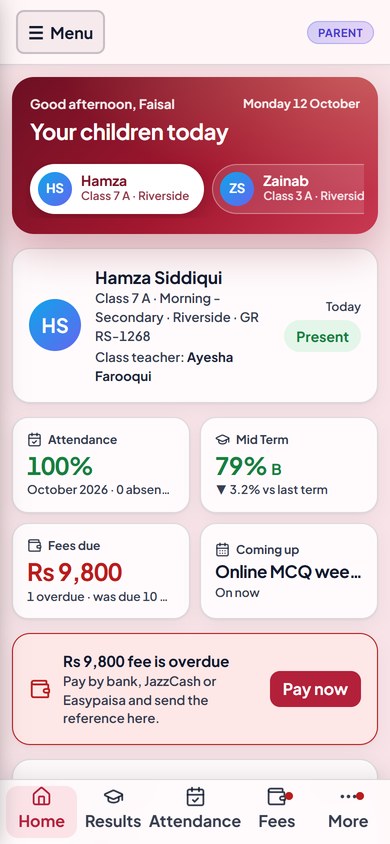 The Parents Portal on a phone: today's attendance, results, fees due and a Pay now button